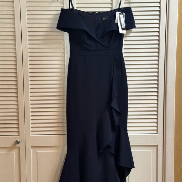 Xscape navy off shoulder cascade ruffle hi low gown - Picture 3 of 6